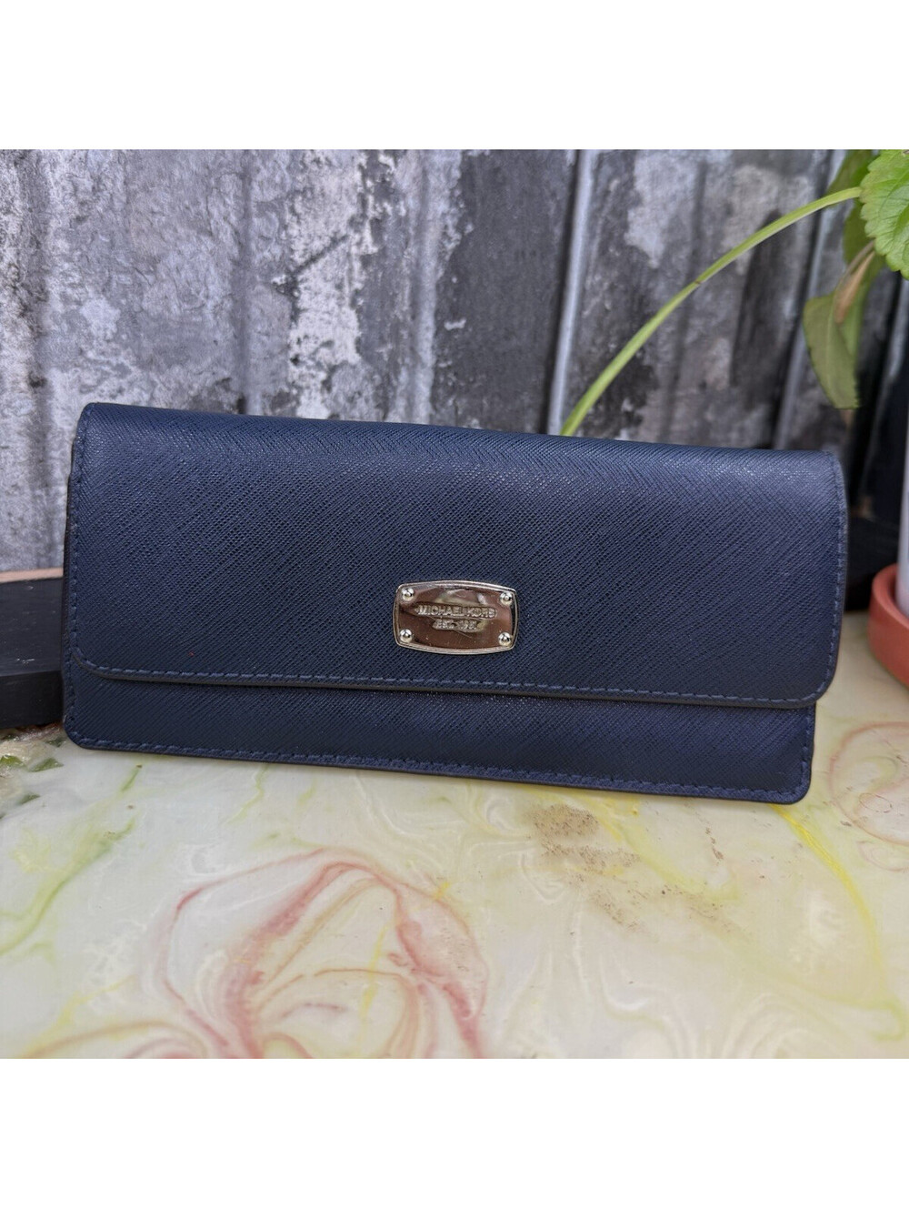 Michael Kors Navy Wallet Clutch Flap Snap Closure Zip Pocket Logo Credit Card